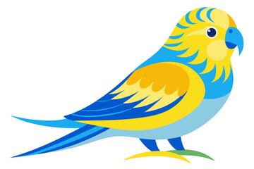 Vector illustration of a vibrant cartoon parakeet, also known as a budgie, featuring bright blue and yellow plumage with green feather detailing.