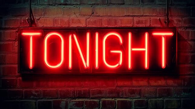 A vibrant neon sign displaying the word "TONIGHT" in glowing red letters against a rustic brick wall. The animation features each letter flickering individually in a rhythmic sequence