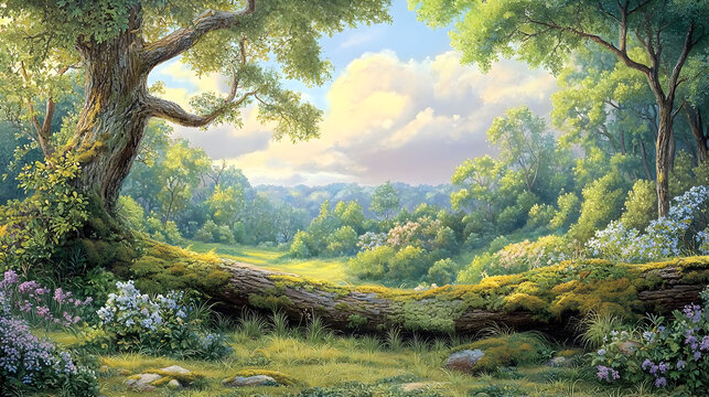 Sunlight filtering through a tranquil forest scene, with a fallen log as foreground. Lush greenery, wildflowers, and a distant valley complete the picturesque view
