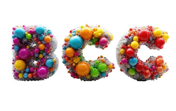 Colorful letters "BCC" formed with candy-like, bubble-filled, and glittery shapes