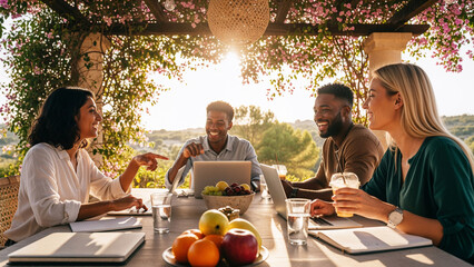 Diverse group of colleagues having a meeting outdoors, enjoying a relaxed working discussion under a pergola with lush plants and sunlight, team collaboration in inspiring nature, creative business