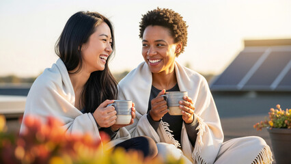 Two women enjoying coffee together on a sunny rooftop terrace, wrapped in cozy blankets and sharing laughter, joyful friendship and warmth in an outdoor setting, morning relaxation concept