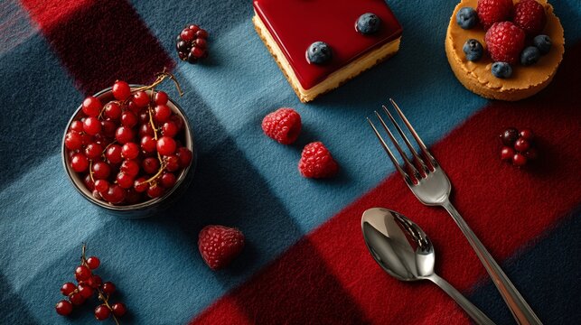 A checkered blanket with scattered berries, pastries, and minimalist cutlery, top-down shot - Powered by Adobe