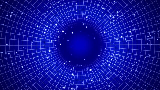 An abstract, blue-toned animation of a clear and simple rotating tunnel effect, featuring at its end an empty, black hole-type void, where various-sized particles fall in and disappear into oblivion