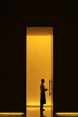 Silhouette of a person standing in a brightly lit doorway