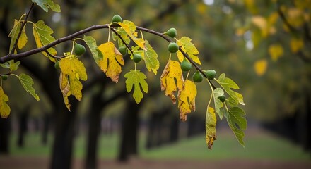 Fig Branch with Green Fruit and Yellow Leaf on Tree Bokeh