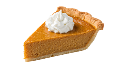Slice of pumpkin pie with whipped cream on isolated background  classic autumn dessert