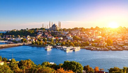 Istanbul cityscape panorama at sunrise, showcasing historical landmarks and vibrant urban scenery