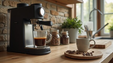 A modern home coffee station features a stylish espresso machine