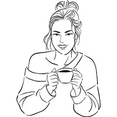 Beautiful cartoon vector illustration of a woman with fashionable hair holding a cup of coffee or tea