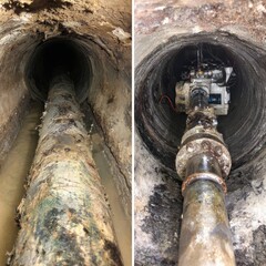 Before and after views of a rusted pipe being cleaned