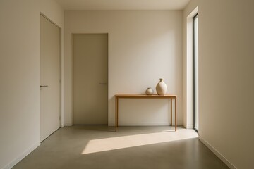 Sunlight streams into a minimalist interior room, highlighting a wooden table with decorative vases
