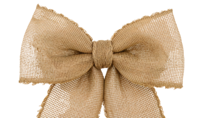Rustic burlap bow on isolated background  natural craft decoration idea