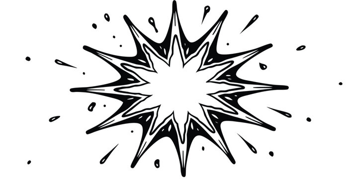 Explosive starburst graphic with radiating lines and scattered dots in black and white