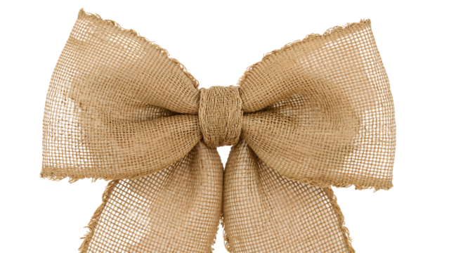 Rustic burlap bow on isolated background  natural craft decoration idea