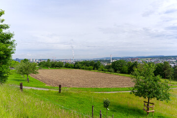 Scenic rural landscape with skyline in the background at Swiss city of Zürich on a spring day....