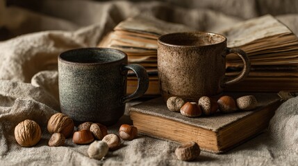 Fototapeta premium An earthy toned picnic with ceramic mugs, nuts, and books, shot on rough linen cloth