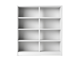 Empty white bookcase with nine compartments