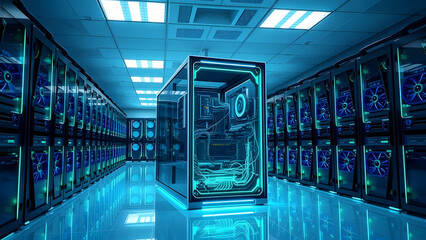 Illuminated data center showcasing advanced computing infrastructure with glowing server racks and a transparent system.