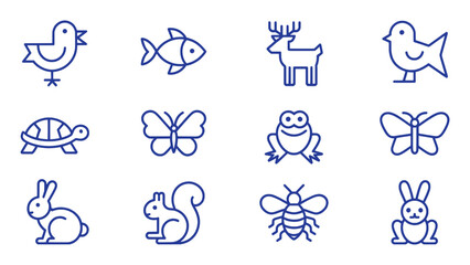 Blue line art animals and insects vector silhouette