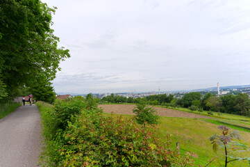 Scenic rural landscape with skyline in the background at Swiss city of Zürich on a spring day....