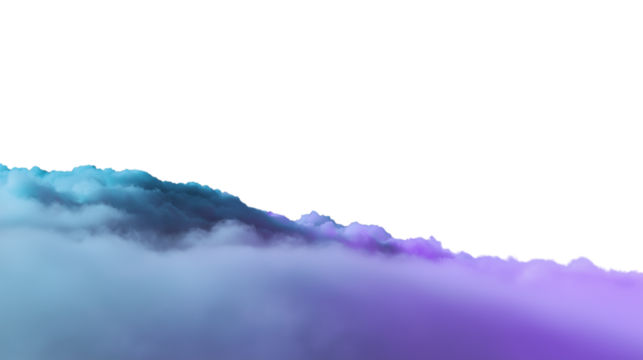 Dreamy view of mountains partially shrouded in layers of colorful clouds isolated on white background