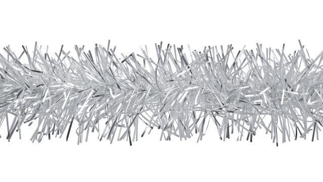 Shimmering silver tinsel garland for festive holiday decorations on isolated background