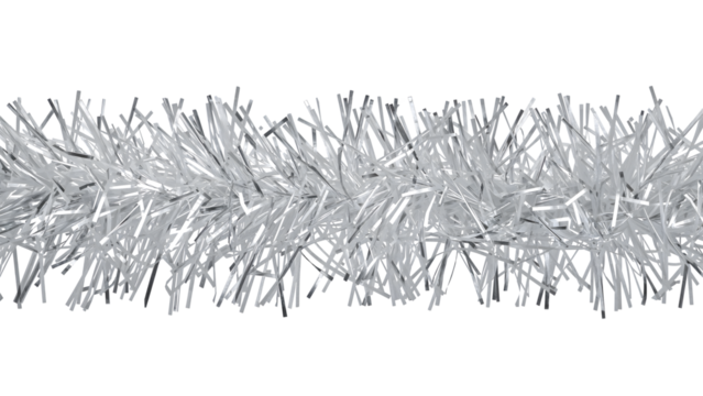 Shimmering silver tinsel garland for festive holiday decorations on isolated background
