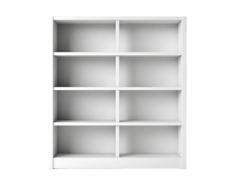 Empty white bookcase with nine compartments