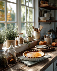 Naklejka premium Baking a pumpkin pie cozy kitchen food photography autumn atmosphere warm lighting culinary art