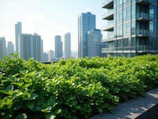 Fototapeta premium A spacious rooftop garden on a modern high-rise is filled with dense green bushes
