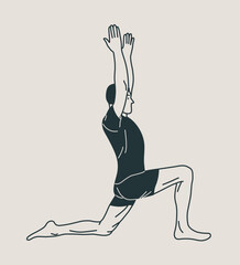 Man doing Yoga, Pilates icon. Slim person. Hand drawn black outline Vector illustration. Low lunge pose. Health care and lifestyle concept. 