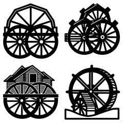 Fototapeta premium Four distinct black and white illustrations of various water wheels and a water mill building design