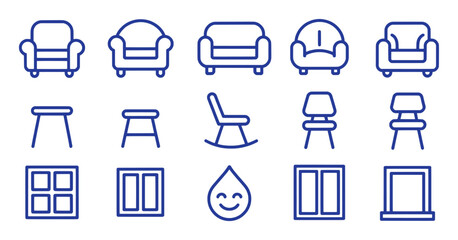 Blue line art furniture and window icons chairs sofas