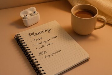 A pastel desk features an open notebook filled with handwritten plans, alongside wireless earbuds and a coffee mug