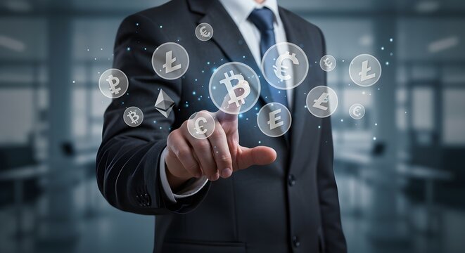 Businessman interacts with digital currency symbols, showcasing modern finance.