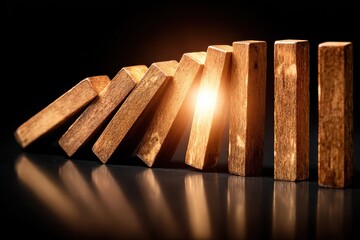 Falling wooden dominoes with one standing concept of decision and impact