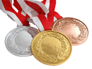 Three medals, gold, silver, and bronze, with red and white ribbons (2)