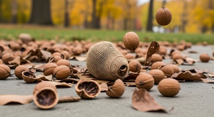 Walnuts and Burlap Sack with Autumn Leaves