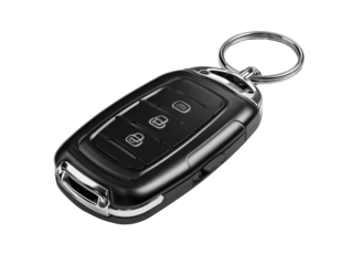 Compact black car key fob with silver accents