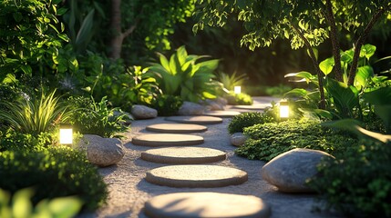 An ornamental garden pathway featuring stepping stones and solar lights, with realistic shadows and lush greenery enhancing the beauty.