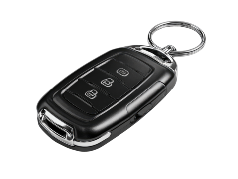 Compact black car key fob with silver accents