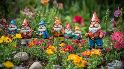 Fototapeta premium A colorful collection of garden gnomes is playfully arranged around vibrant flower beds, creating a whimsical outdoor scene.