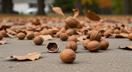 Walnuts and Leaves Scattered on Ground
