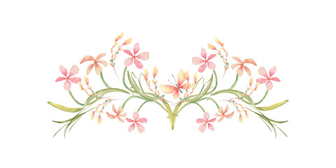 Spring floral horizontal watercolor element with pastel pink wildflowers and green stems isolated on white. Phlox or oxalis flowers in cottagecore style hand painted for seasonal design, wedding