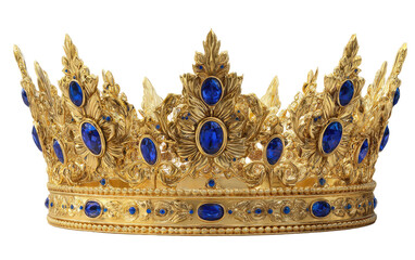 Ornate golden crown, studded with deep blue jewels.  Elaborate filigree detailing adorns the headpiece