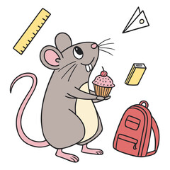 Chalkboard Fun colored Rat with a Amused touch, placed in a Back to school theme and styled with holding a cupcake