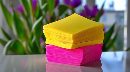 Two stacks of bright yellow and pink sticky notes sit on a reflective surface