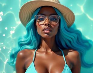 stylish woman with turquoise hair, sunglasses, and summer hat, posing in a pool. Bright tropical fashion vibe.