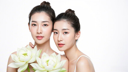Beauty Advertisement: Two beautiful girls with lovely lotus flowers
